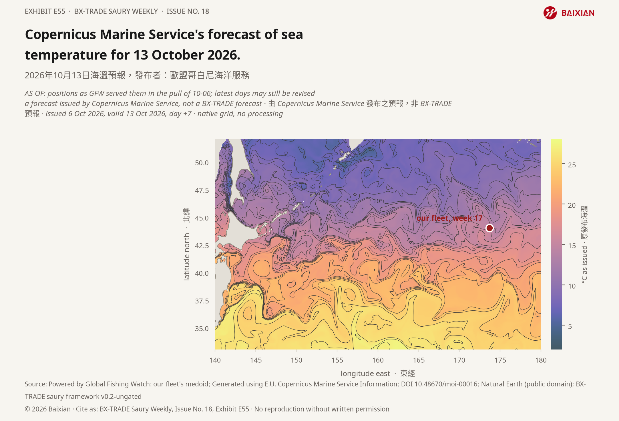 E55: Copernicus Marine Service's forecast of sea temperature for 13 October 2026.